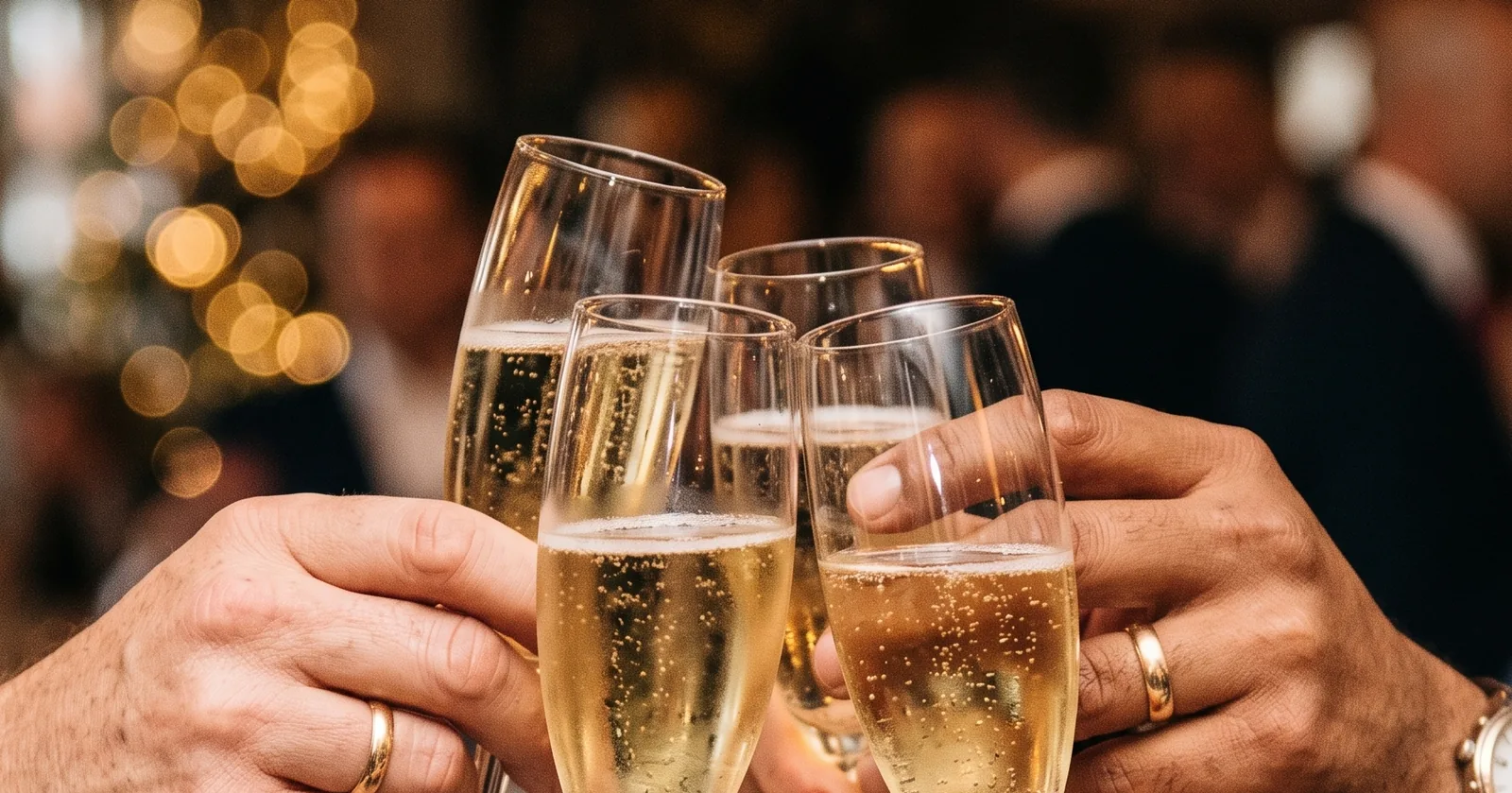 Friends clinking champagne glasses in a toast at a party