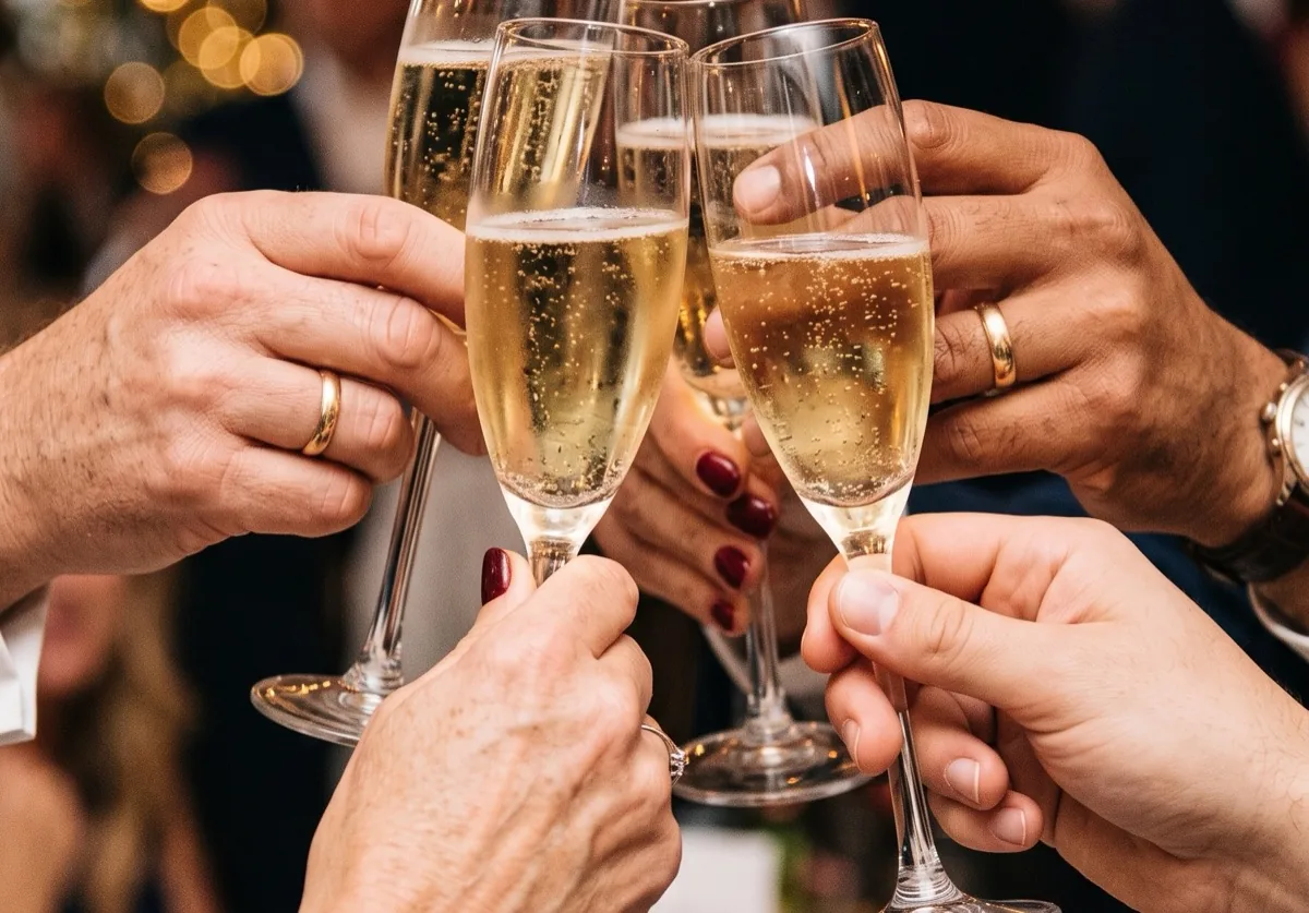 Friends raising glasses of sparkling wine in a toast